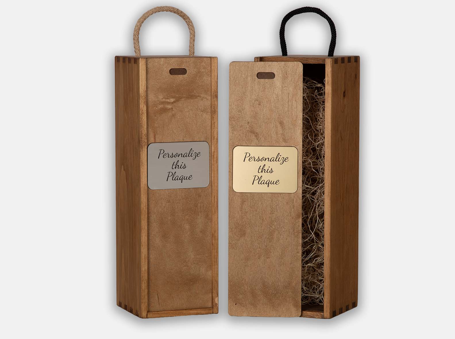 Engraved silver and gold nameplate options for retirement boxes.