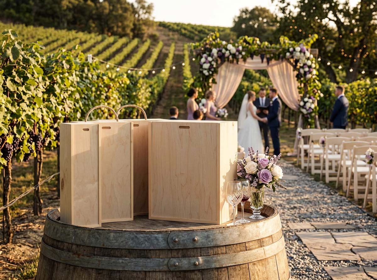 Engraved wood wine-cork keepsake box personalized with a couple's names and wedding date.