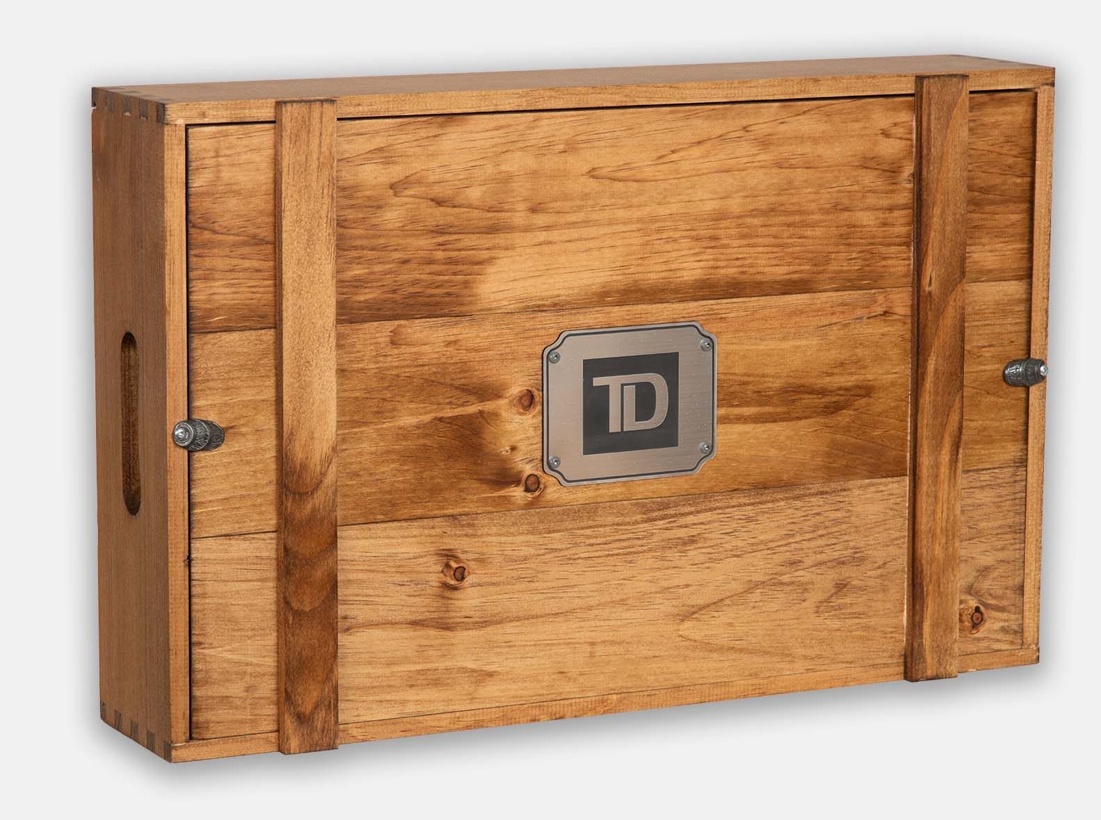 Custom wood retirement box with a brushed silver engraved plaque.